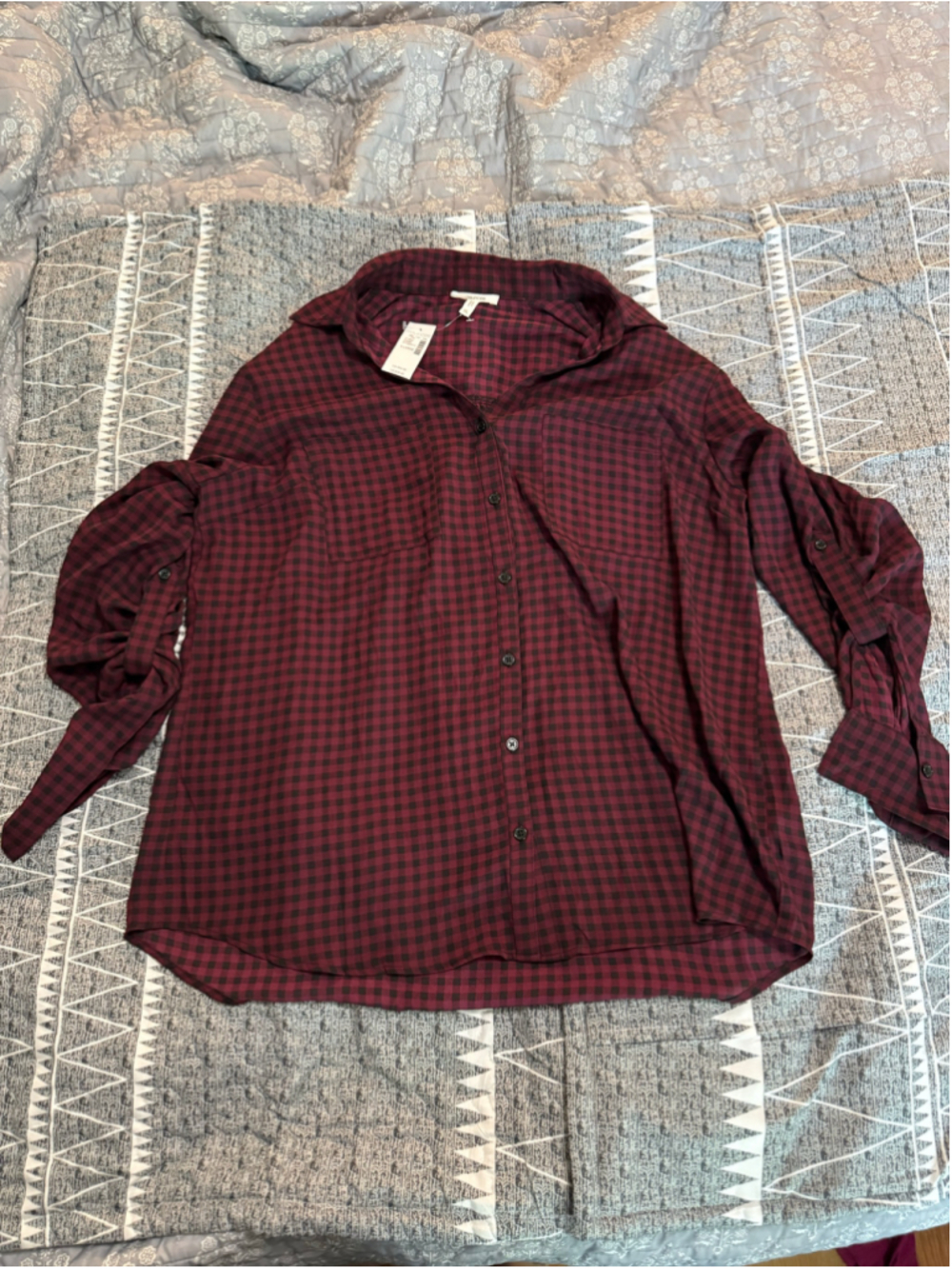 Women's Maurices Button Down Shirt XL Maroon Black Plaid Long Sleeve